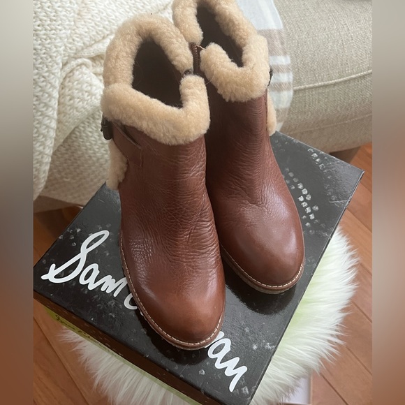 Sam Edelman Brown Whiskey Tumbled Leather Jayla Sherpa Wedge Size 8 - Picture 4 of 5